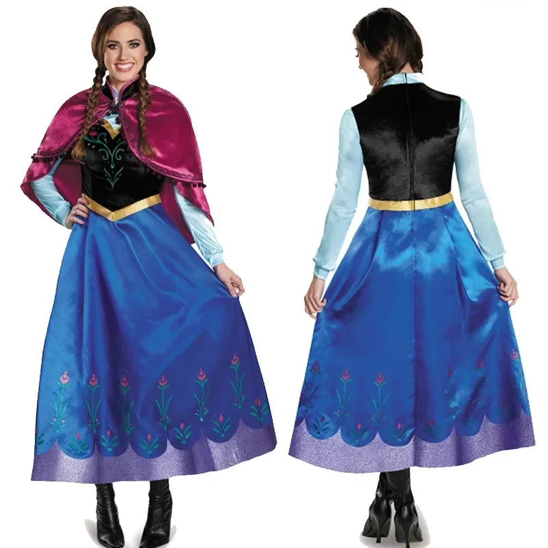 Robe longue de princesse Anna congelée pour adultes, costume de Cosplay de la reine des neiges Elsa, robes de fête de conte de fées pour femmes, déguisement d'Halloween