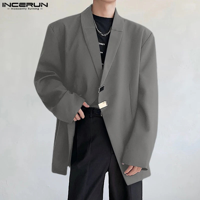 INCERUN Tops 2024 Sexy Men Slanted Neck Metal Buckle Shoulder Pad Blazer Casual Well Fitting Solid Long Sleeved Suit Coats S-5XL