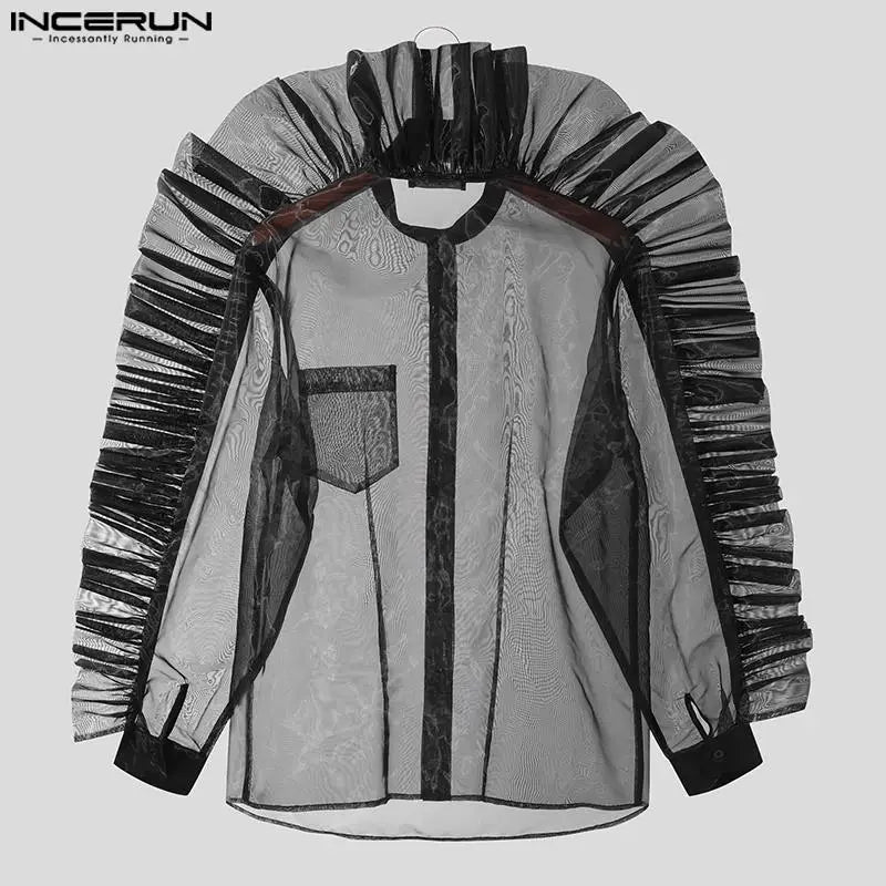 Casual Stylish Style Tops INCERUN Men's Fashion Sexy Pleated Mesh Shirts Handsome Male Patchwork Long Sleeved Blouse S-5XL 2023