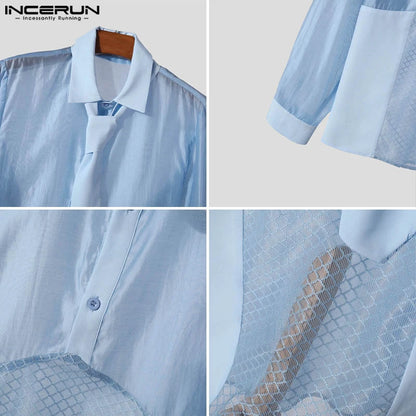 INCERUN Tops 2024 Style américain Nouveaux hommes Mesh Splicing Déconstructif Design Chemises Casual Solide Mince Chemisier à manches longues S-5XL