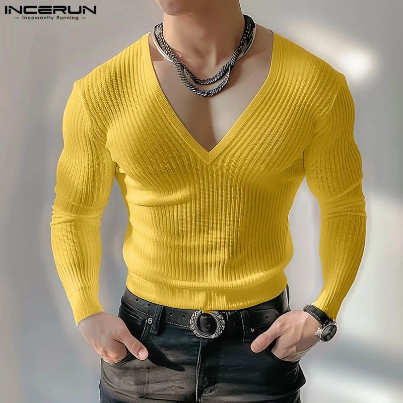 INCERUN Tops 2024 Korean Style New Men Solid V-neck Knitted T-shirts Summer Casual Streetwear Simple Long Sleeved Camiseta S-5XL