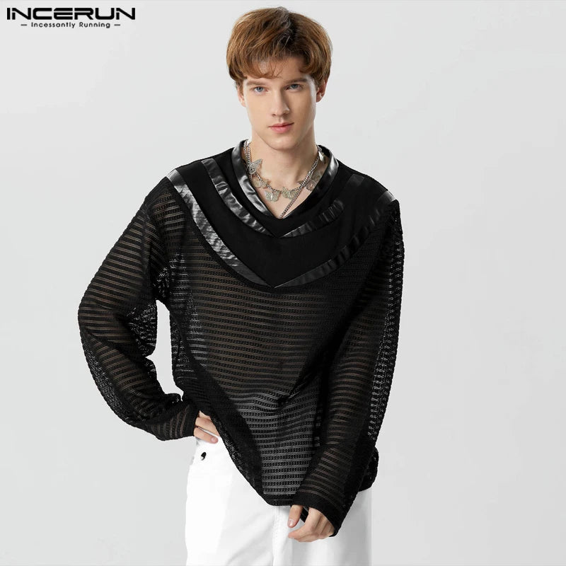 INCERUN Tops 2023 American Style Fashionable Mens Layered Mesh Design T-shirts Casual Solid Long Sleeved Pullover Camiseta S-5XL