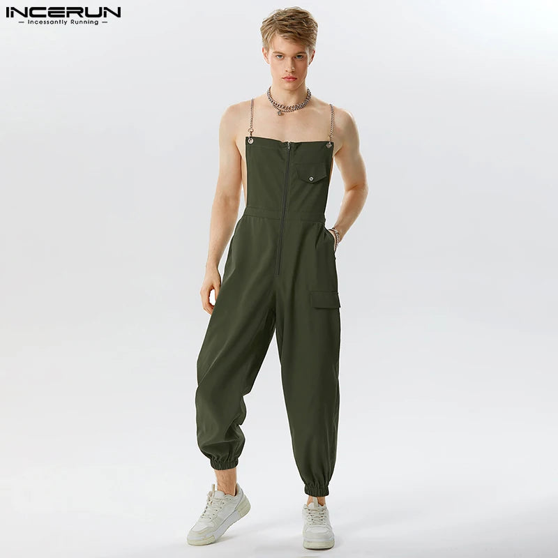 INCERUN 2023 Hübscher Männer Solide Alle-spiel Cargo Hosen Overalls Streetwear Männlichen Heißer Verkauf Kette Verbindung Design Strampler S-5XL