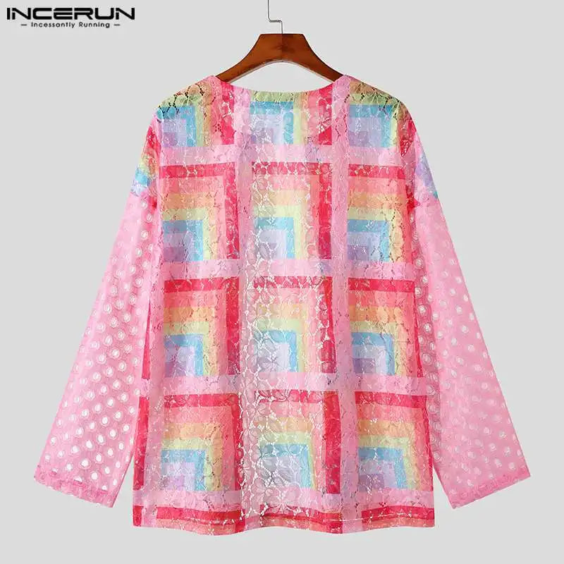 Lässige Mode-Stil Tops INCERUN Herren Tracery Patchwork Durchsichtige Mesh-Shirts Männliche Langarm Kragenlose Bluse S-5XL 2023