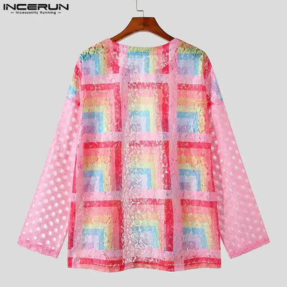 Casual Fashion Style Tops INCERUN Men's Tracery Patchwork See-through Mesh Shirts Male Long Sleeved Collarless Blouse S-5XL 2023