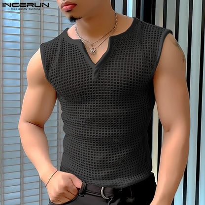 2024 männer Tank Tops Mesh Aushöhlen Solide V-ausschnitt Ärmelloses Streetwear Männlichen Westen Transparent Sommer Mode Männer Kleidung INCERUN