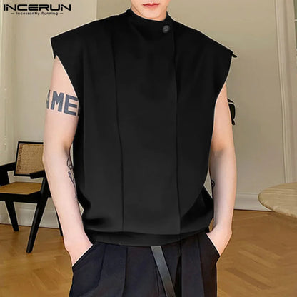 Handsome Well Fitting Tops INCERUN Mens Stand Collar Split Design Vests Casual Streetwear Summer Male Solid Tank Tops S-5XL 2024