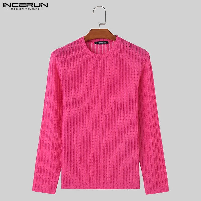 INCERUN Tops 2024 American Style Fashion New Men's Striped Mesh Perspective T-shirt Sexy Male O-neck Long Sleeved Camiseta S-5XL