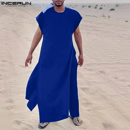 INCERUN Muslim Clothing Men Sets Saudi Arabia 2023 Solid O-neck Sleeveless Kaftan Jubba Thobe & Pants 2PCS Islamic Men's Suits