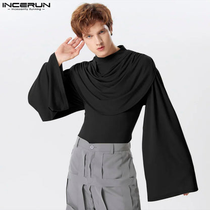 INCERUN Men T Shirt Turtleneck Long Sleeve Pleated Male Irregular Tee Tops Streetwear 2024 Solid Color Casual Fashion Camisetas