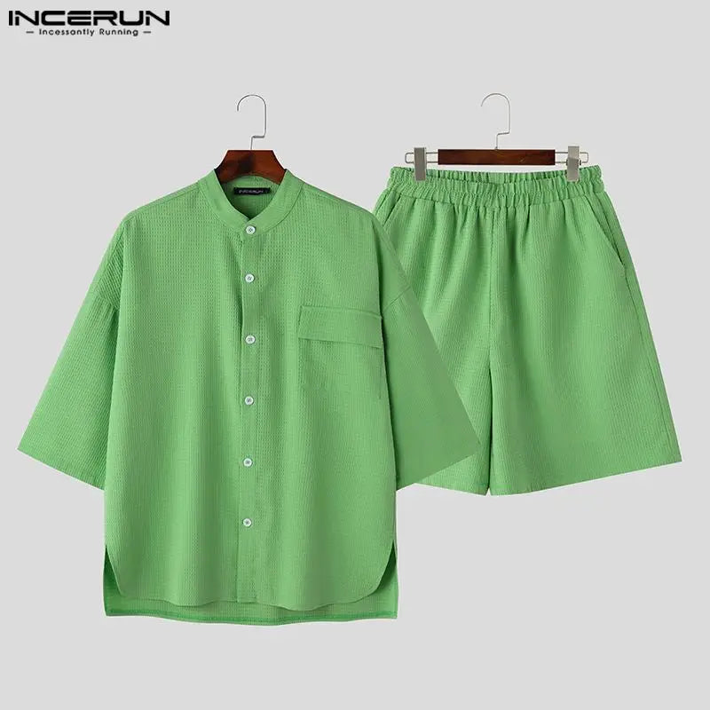 INCERUN 2024 Korean Style Stylish Sets New Men Stand Neck Half Sleeve Loose Shirts Shorts Leisure Streetwear Suit 2 Pieces S-5XL