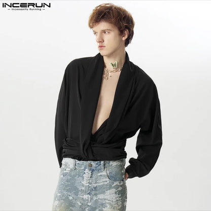 Men's Irregular Shirt Solid Color Deep V Neck Long Sleeve Casual Men Clothing Streetwear 2024 Sexy Fashion Camisas S-5XL INCERUN