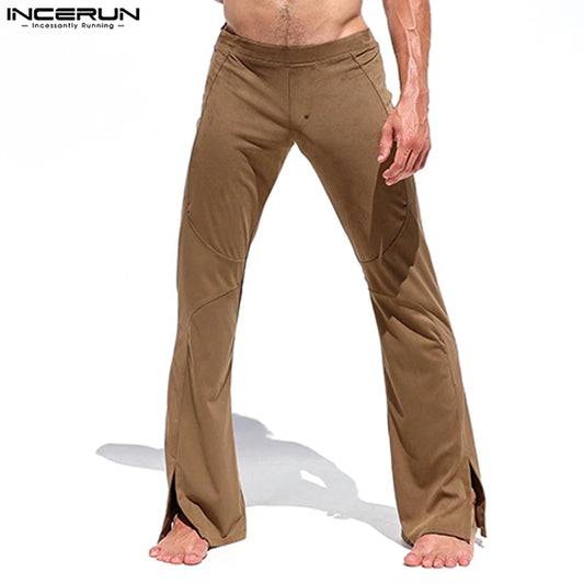 INCERUN 2024 American Style Trousers Stylish Men's Suede Split Pants Leisure Streetwear Personality Solid Color Pantalons S-5XL