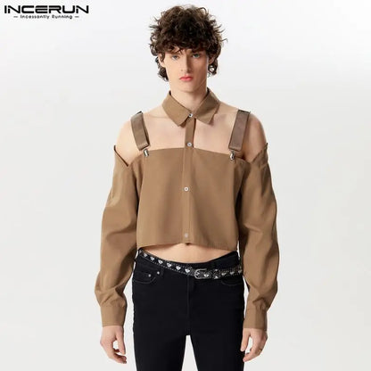 INCERUN Tops 2024 American Style New Men's Hollow Design Cropped Shirts Fashion Party Shows Male Solid Long Sleeved Blouse S-5XL