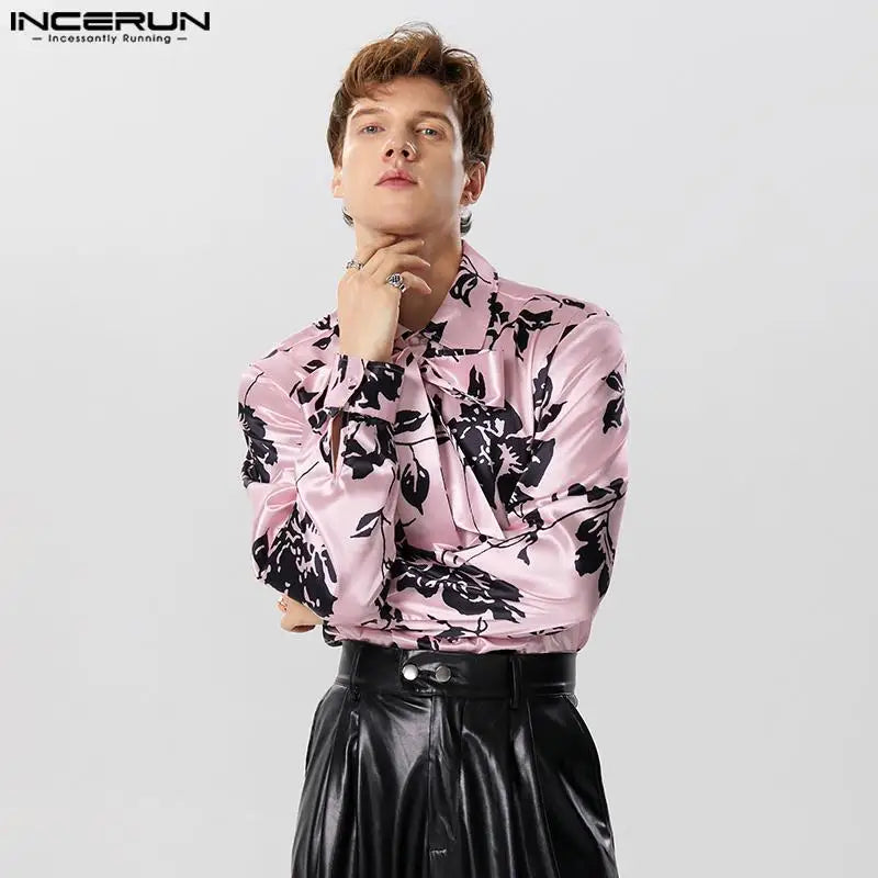 2023 Men Shirt Printing Satin Lapel Long Sleeve Lace Up Men Clothing Autumn Streetwear Fashion Casual Camisas S-5XL INCERUN