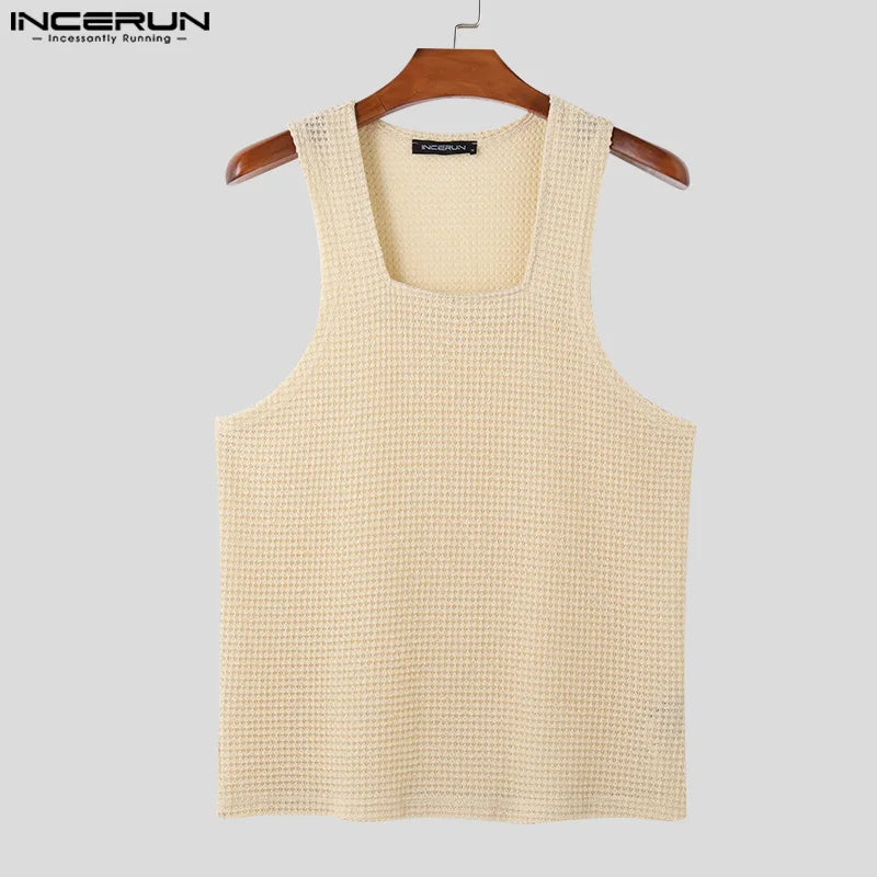 Fashion Casual Style Tops INCERUN New Men Texture Hollow Square Neck Vests Summer Male Solid All-match Sleeveless Tank Top S-5XL