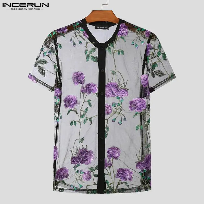 INCERUN Tops 2024 Amerikanischer Stil Stilvolle Neue Herren Rose Jacquard Durchsichtige Hemden Sexy Heißer Verkauf Dünne Kurzarm Bluse S-5XL