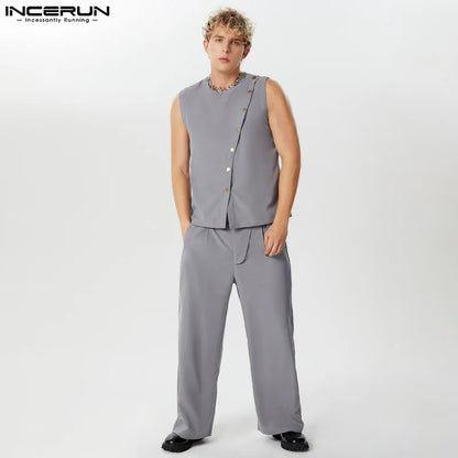 INCERUN 2024 American Style Stylish Sets Handsome Men Diagonal Front Design Tank Tops High Waist Pant Casual Suit 2 Pieces S-5XL