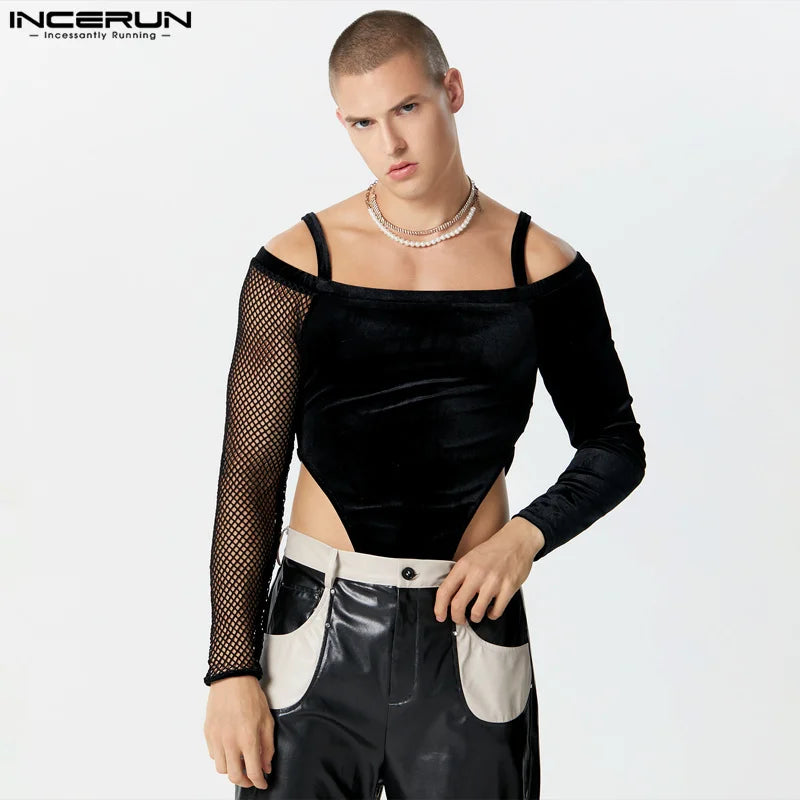 INCERUN 2024 Sexy Stil Neue Männer Homewear Fashion Solid Alle-spiel Bodys Hübscher Männlicher Graben Mesh Lange Seeved Overall S-5XL