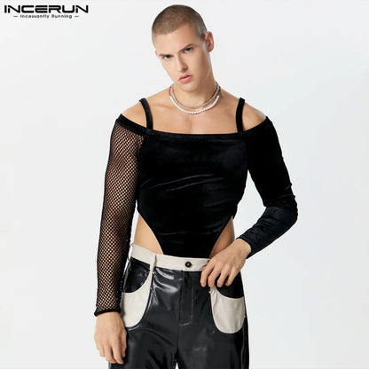 INCERUN 2024 Sexy Style Nouveaux Hommes Homewear Mode Solide Tout-match Bodys Beau Mâle Creuser Maille Longue Combinaison À Coutures S-5XL