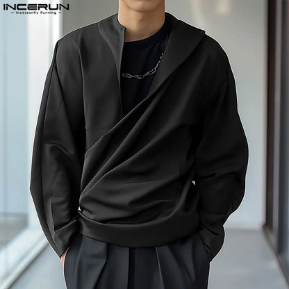 INCERUN 2024 Men's Shirts Cowl Neck Solid Long Sleeve Tops Spring Autumn Casual Streetwear Male Ruffled Tops Men Clothing S-5XL