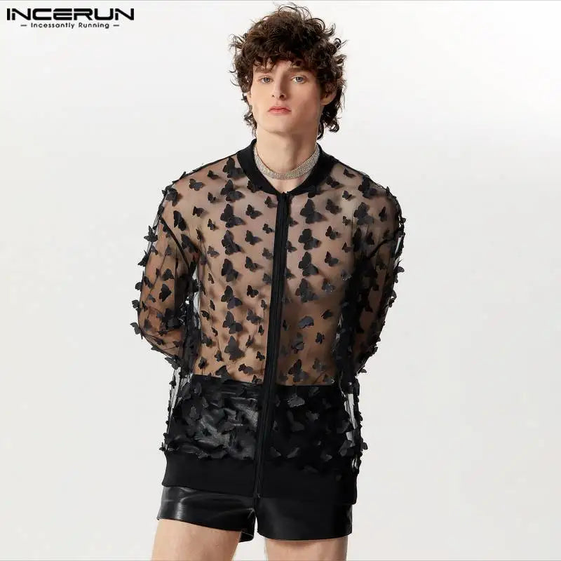 INCERUN Tops 2024 Amerikanischen Stil Mode Neue Männer Persönlichkeit Muster Mesh Shirts Casual Heißer Verkauf Langarm Bluse S-5XL