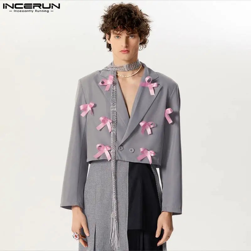 INCERUN Tops 2024 American Style Mens Ribbon Knot Decoration Design Blazer Handsome Male Hot Sale Short Sleeved Suit Coats S-5XL