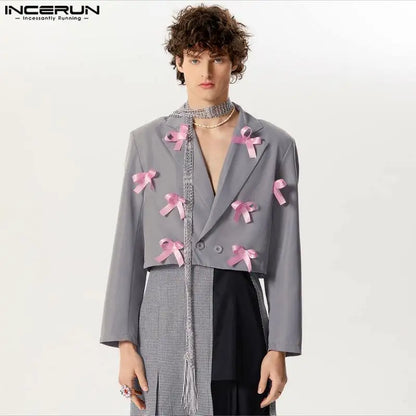 INCERUN Tops 2024 American Style Mens Ribbon Knot Decoration Design Blazer Handsome Male Hot Sale Short Sleeved Suit Coats S-5XL