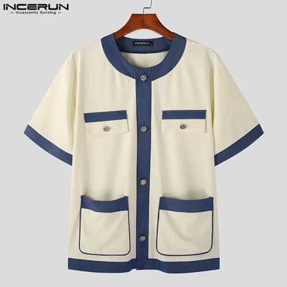 INCERUN Tops 2023 Korean Style Men's Contrasting Color Patchwork Pocket Shirts Casual O-neck Palace Short Sleeved Button Blouse