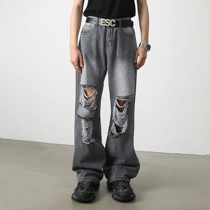 HOUZHOU Harajuku Ripped Jeans Men Wide Leg Pants Oversize Hip Hop Darkwear Denim Trousers Male Casual Japanese Streetwear Hole