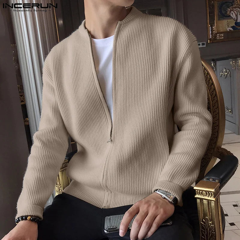 INCERUN Nouveaux Hommes Texture Cardigan Pull Automne Hiver Vente Chaude Fermeture Éclair Manches Longues Pulls S-5XL