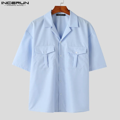 Handsome Well Fitting Tops INCERUN New Men's Double Pocket Design Shirt Casual Simple Male Solid Short Sleeved Blouse S-5XL 2024