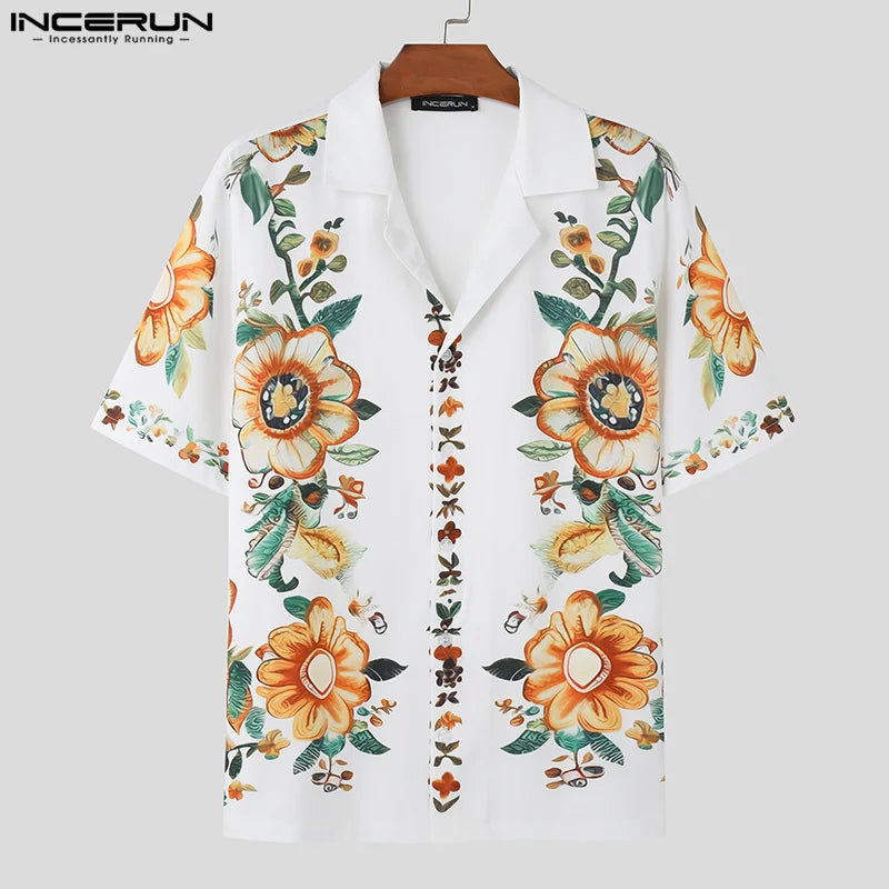 Fashion Well Fitting Tops INCERUN Men's Loose Floral Printed Shirts Summer Streetwear Male Short Sleeved Lapel Blouse S-5XL 2024