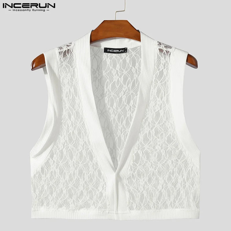 INCERUN Tops 2024 Amerikanischen Stil Herren Sommer Mode Cropped Spitze Mesh Patchwork Westen Sexy Männlichen Dünne Ärmellose Tank Tops S-5XL