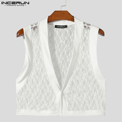 INCERUN Tops 2024 Style américain Hommes Été Mode Court Dentelle Maille Patchwork Gilets Sexy Mâle Mince Sans Manches Débardeurs S-5XL