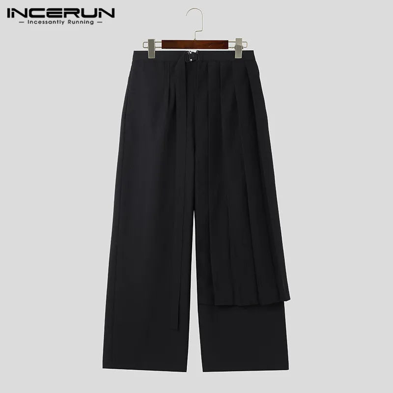 INCERUN 2023 Korean Style Men's Pantalons Detachable Half Pleated Skirts Pants Casual Streetwear Solid Wide Leg Long Pants S-5XL