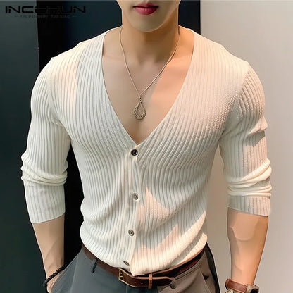 2024 Men Shirt Knitted V Neck Long Sleeve Streetwear Casual Men Clothing Korean Style Solid Color Leisure Shirts S-5XL INCERUN