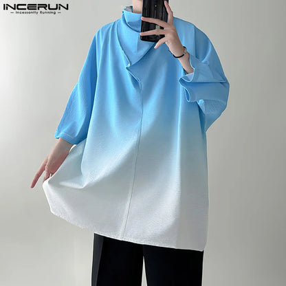 INCERUN Tops 2024 Korean Style Mens High Pile Collar Design T-shirts Fashion Gradient Color Three Quarter Sleeved Camiseta S-5XL