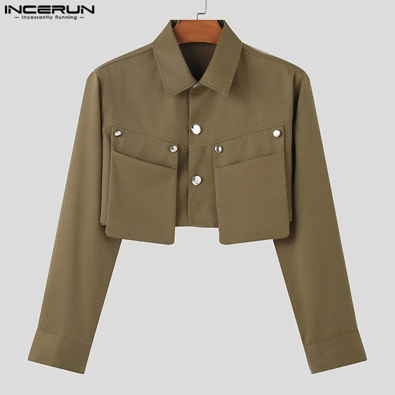 Fashion Casual Style Tops INCERUN Men Cropped Pocket Design Jackets Coats Male Personality Solid Long Sleeved Jackets S-5XL 2024