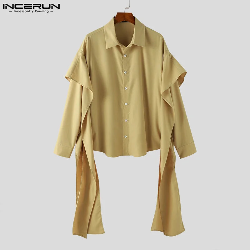 INCERUN Tops 2024 American Style Handsome Men's Flounce Patchwork Shirts Fashionable Male Solid Lapel Long Sleeved Blouse S-5XL