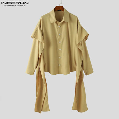 INCERUN Tops 2024 American Style Handsome Men's Flounce Patchwork Shirts Fashionable Male Solid Lapel Long Sleeved Blouse S-5XL