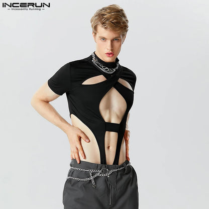 INCERUN 2023 Sexy New Mens Homewear Jumpsuits Symmetric Hollow Design Short Sleeve Half High Neck Solid Triangle Bodysuits S-5XL