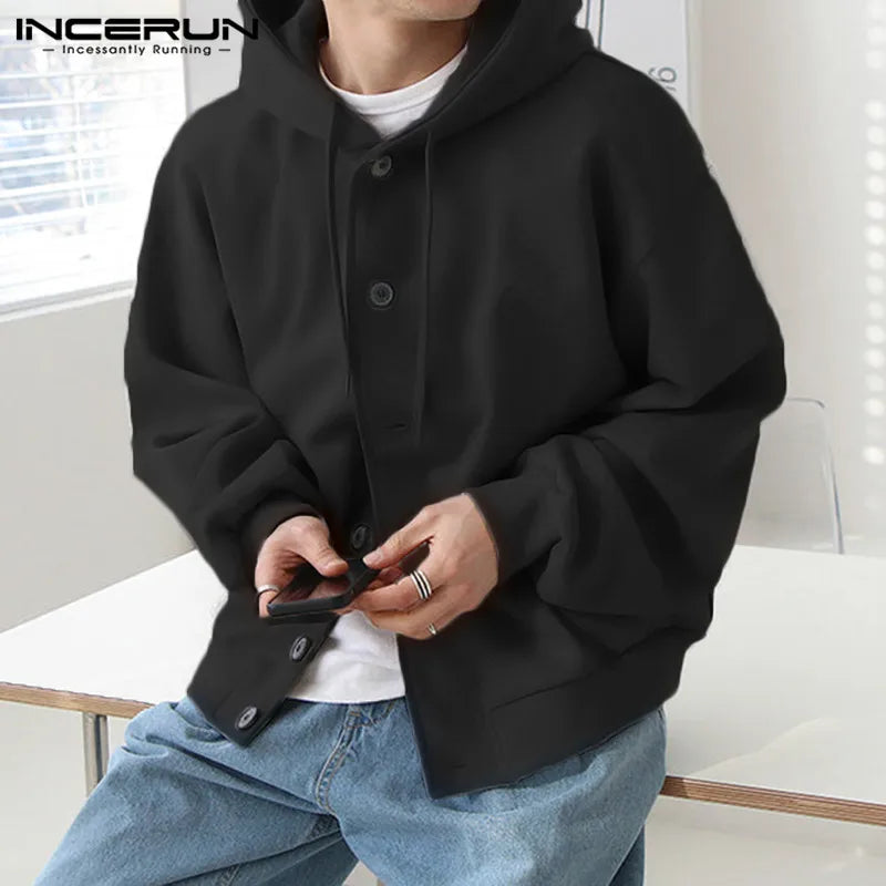 INCERUN Tops 2023 Korean Style Mens Solid Loose Fitting Hooded Button Design Sweater Casual All-match Hot Sale Sweatshirts S-5XL