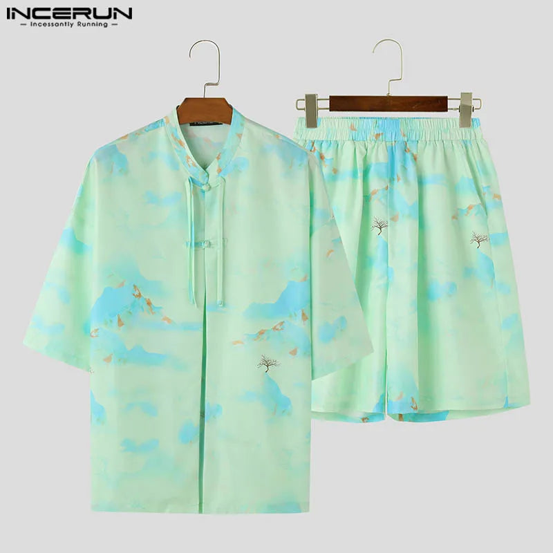 INCERUN 2024 Korean Style Sets Handsome Men Short Sleeved Shirts Shorts Casual Streetwear Loose Ethnic Print Suit 2 Pieces S-5XL