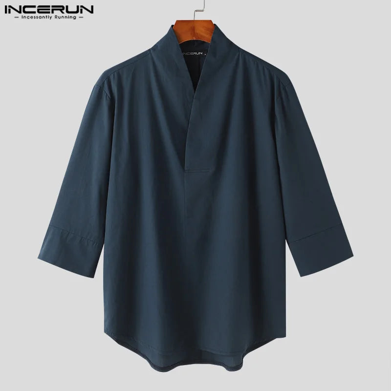 INCERUN Tops 2024 Korean Style Men's Solid Color Ethnic Style Shirts Casual Simple Male Well Fitting Short Sleeved Blouse S-5XL