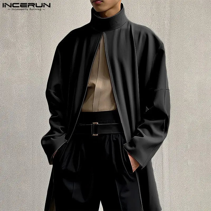 INCERUN 2024 Men Cloak Coats Solid Color Turtleneck Long Sleeve Casual Trench Loose Open Stitch Streetwear Fashion Male Ponchos