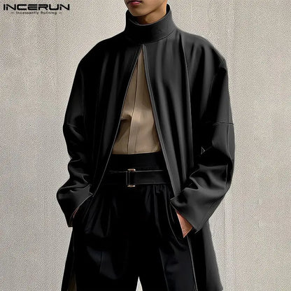 INCERUN 2024 Hommes Manteaux Manteaux Couleur Unie Col Roulé À Manches Longues Décontracté Trench Lâche Point Ouvert Streetwear Mode Hommes Ponchos