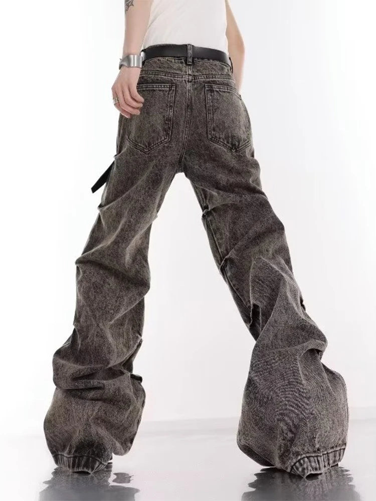 HOUZHOU Y2K Jeans à jambe large pour hommes, pantalon en denim plissé vintage à la mode micro évasé, pantalon bootcut High Street, design de pile pour hommes