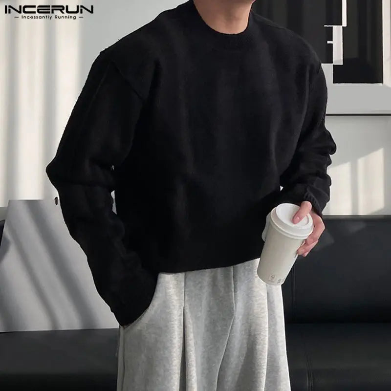 Casual Simple Style Tops INCERUN New Men O-neck Design Pullover Autumn Winter Hot Selling Male Long Sleeved Sweaters S-5XL 2024