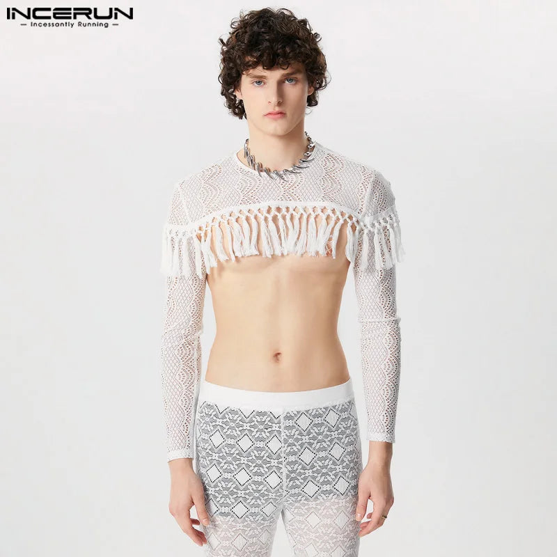 INCERUN Tops 2024 Mode für Männer Quaste Patchwork Spitze Mesh Cropped Design T-shirts Sexy Casual Dünne Lange Ärmeln Camiseta S-5XL